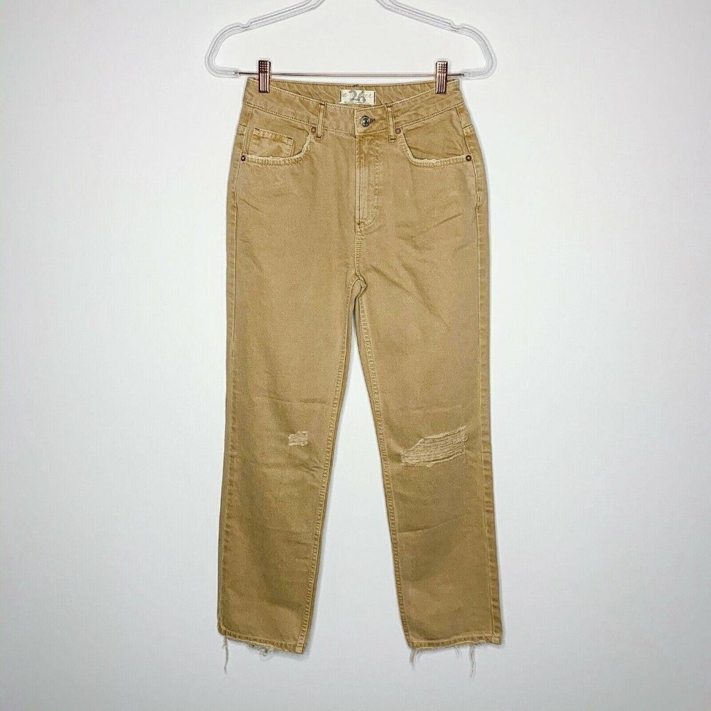 WE THE FREE Jeans Women 26 Tan Dakota Straight Leg Distressed High Rise NWOT